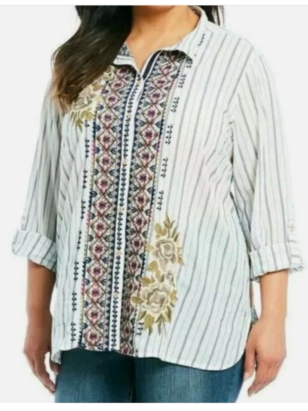John Mark Embroidered Tunic shirt striped bohemian large